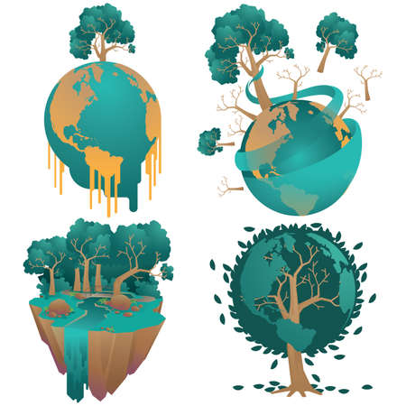 set of earth globe and trees concept
