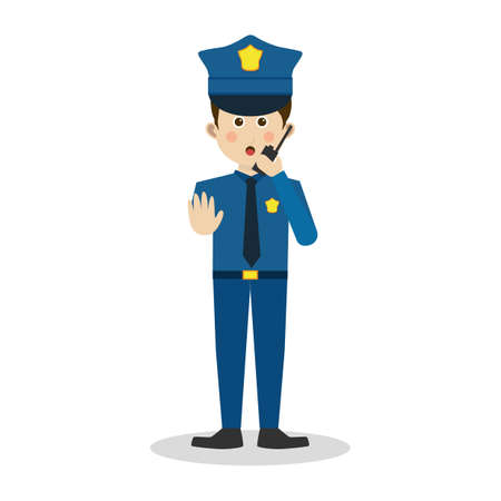 policeman talking over the radio with a stop hand signal