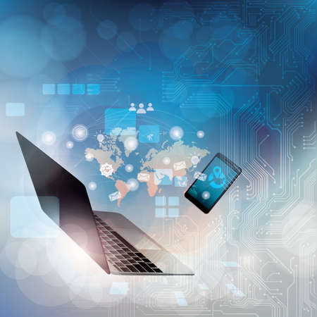 laptop and handphone with circuit board background