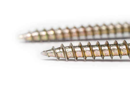 two wood screws macro on an isolated white background