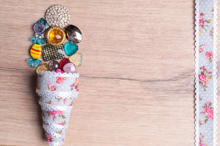 ribbon for hand made on wooden backgroundの写真素材