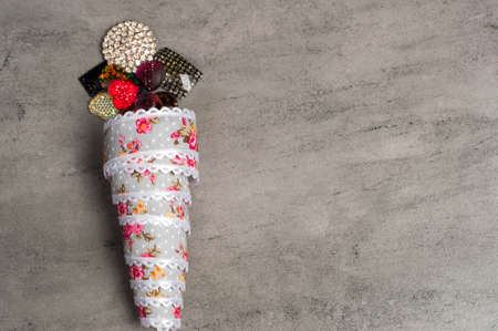 Ribbon ice cream on a grey background.Copy spaceの写真素材