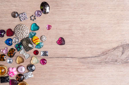 multi-colored decoration for sewing on wooden background.Copy Spaceの写真素材