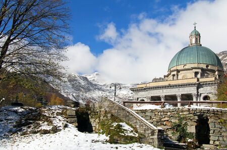 First autumn snow on the mountain of Oropa Sanctuaryのeditorial素材
