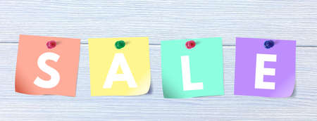 Sale, written on note sheets and attached to a wooden boardの写真素材