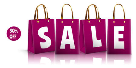 Sale, each letter is written on a separate gift bag with gold handlesの写真素材