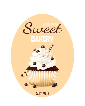 Sweet pastries - chocolate cupcake decorated with cream with balls and a strawの写真素材