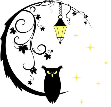Silhouettes of a owl and branches with a lantern against the starsのイラスト素材