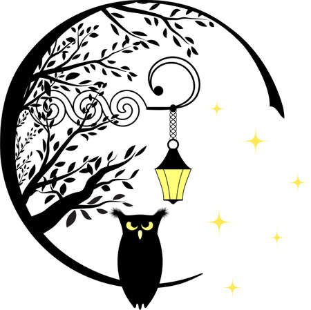 Silhouettes of a owl and branches with a lantern against the starsのイラスト素材