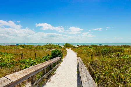 Way with wooden fence to the beach through green stuff and ambrellas at the beach, cloudy blue sky, Sanibel Island, Florida, USAの写真素材