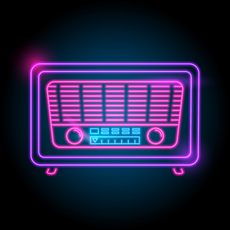 radio neon logo. glow in the dark. electric theme season. party night club. vector eps10.のイラスト素材