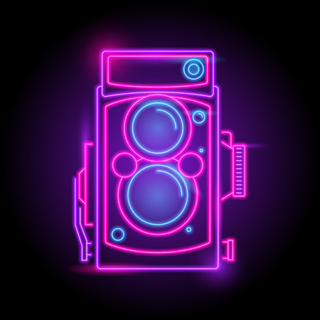 Camera neon logo. glow in the dark. electric theme season. party night club. vector eps10.のイラスト素材