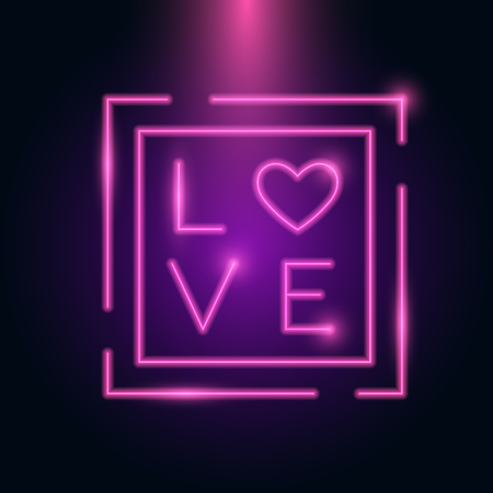 Love Letter Heart Neon Frame Glow in the dark. Valentines day 14 February International Celebrations Template. Vector.のイラスト素材
