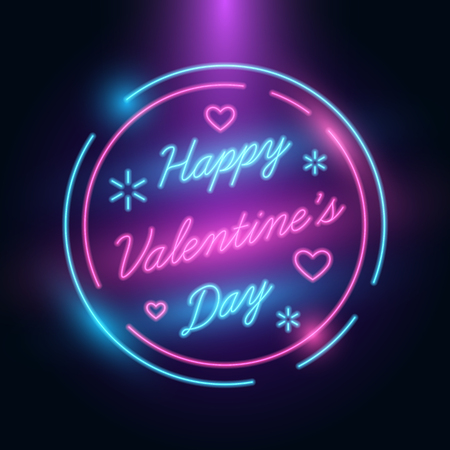 Happy Valentines Day Greeting. 14 February International Celebrations Template. Neon Retro Style. Glow in the dark. Vector.のイラスト素材