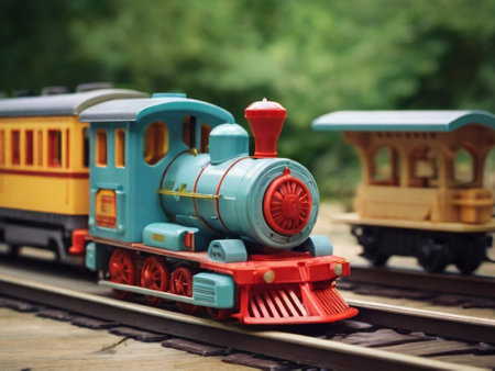 Miniature blue and red toy train with passenger cars standing on railroad tracks outdoorsの素材