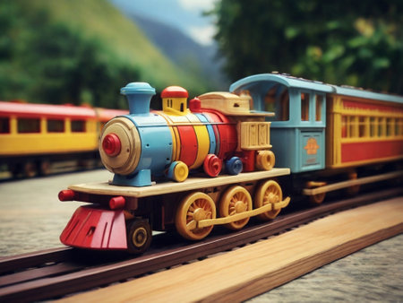 Colorful toy train standing on wooden railroad tracks is waiting to transport children to a world of imaginationの素材