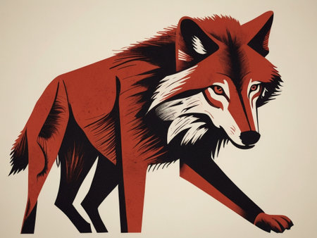 Illustration of a red wolf with an intense stare prowling with a cream backgroundの素材