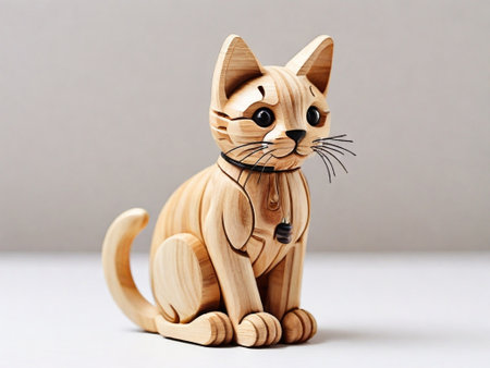 Wooden cat figurine sitting with its tail curled around its pawsの素材
