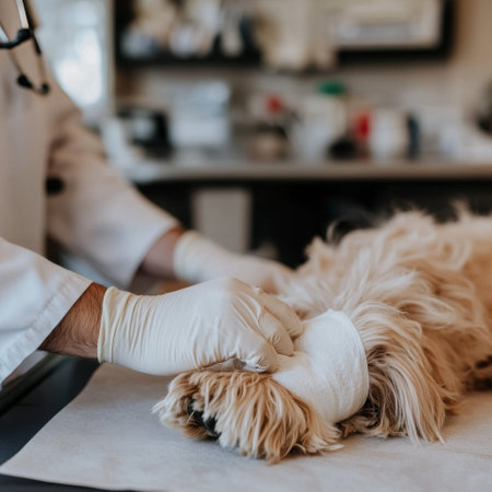 veterinarian gently bandaging a dog's paw in a veterinary clinic. The veterinarian, wearing a white coat and gloves, is focused on wrapping a sterile bandage around the dog's injured pawの素材