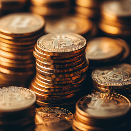 bitcoin coins stacked, finance conceptの素材