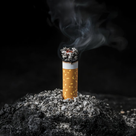 Burning cigarette with ashes isolated on blackの素材