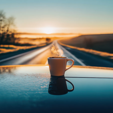 A coffee cup placed on the hood of a car, with the road stretching out in the backgroundの素材
