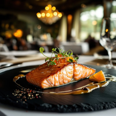 red salmon dish elegantly served at a fine dining restaurantの素材
