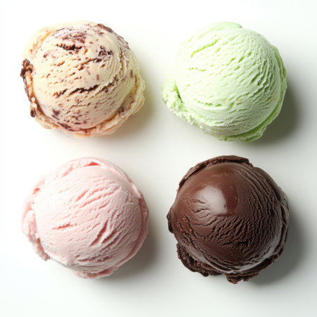 Four isolated scoops of ice cream arranged side by side on a clean white backgroundの素材