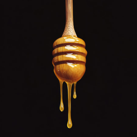 Honey dripping from a wooden dipper isolatedの素材