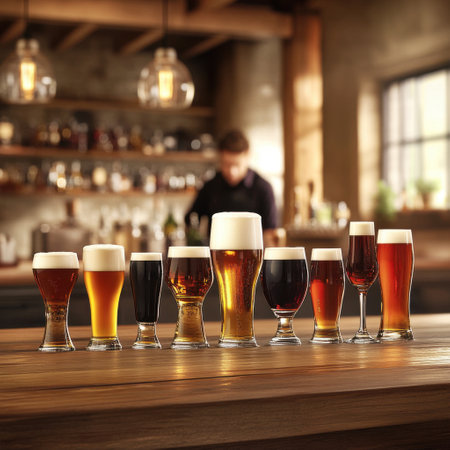 glasses of beer on bar counterの素材