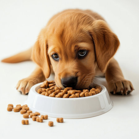 dog eating food on a white backgroundの素材