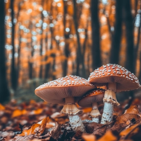 Close-up of mushrooms on forest floor with orange autumn foliage in background, showcasing nature's beauty and seasonal charmの素材