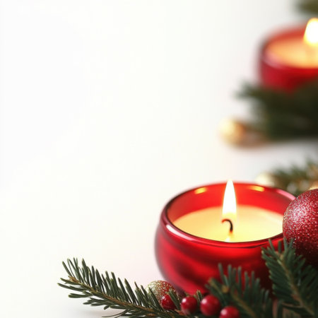 Christmas candles burning brightly on white backgroundの素材