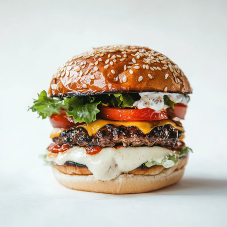 Tasty burger with fresh ingredients on sesame bun standing on white backgroundの素材