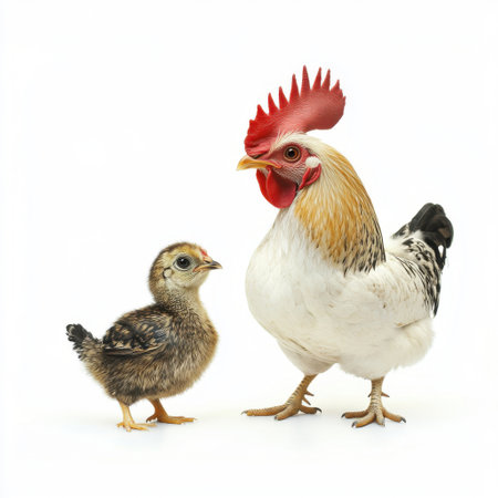 Chicken and a chick standing side by side, photorealistic style, on a white background. Concept of parenthood and natureの素材