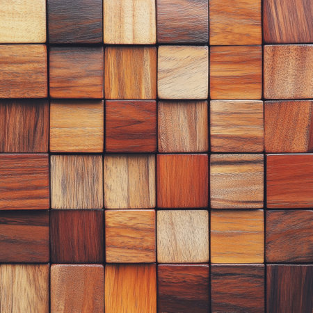 A detailed background of wooden tiles arranged in a clean, uniform patternの素材