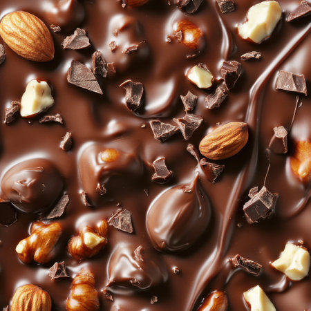 Close-up texture of rich, smooth chocolate embedded with whole and chopped nutsの素材