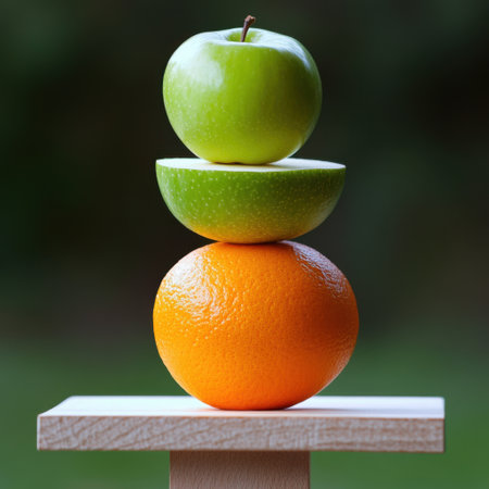 Green apple, halved apple, and orange stacked on a wooden surface, outdoor blurred background, concept of balance and harmonyの素材