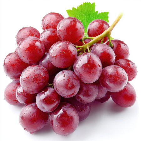 Bunch of fresh red grapes with dewdrops, vibrant color and green leaf, isolated on white background, concept of freshnessの素材