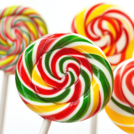 Brightly colored swirl lollipops in red, green, yellow, and white hues, displayed on a white background. Concept of sweet treatsの素材