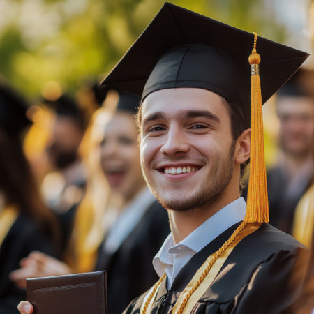 Young graduate smiling in cap and gown, holding diploma outdoors with blurred background. Concept of achievement and celebrationの素材