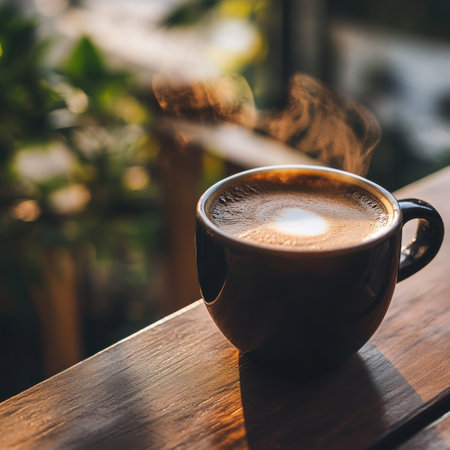 Warm coffee cup emitting steam, placed on wooden table with blurred green garden in background, cozy morning conceptの素材