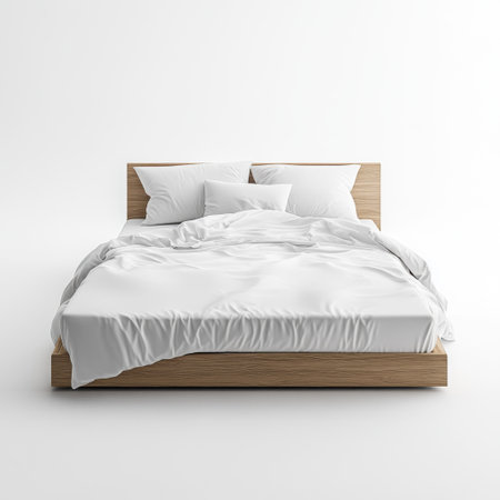 Wooden bed with minimalist design, white bedding and pillows, set on plain white background. Concept of comfort and simplicityの素材