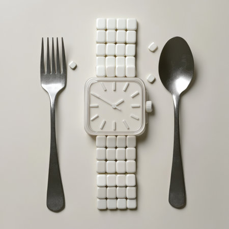 a wristwatch made out of pills next to a fork and spoon. The concept of treatment with pills on a neutral background, symbolizing time and diningの素材