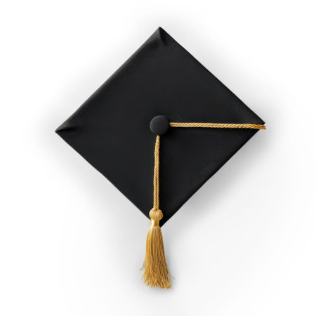 Black graduation cap with a golden tassel, isolated on a clean white background. Symbol of academic success and graduationの素材