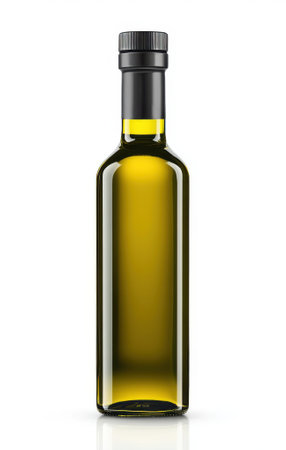 Clear olive oil bottle with a black cap, filled with golden liquid, isolated on a white background. Concept of healthy cooking oilの素材