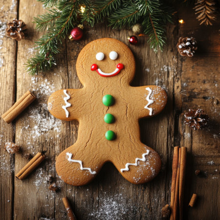 Festive gingerbread man cookie surrounded by pine twigs, cinnamon sticks, and ornaments on rustic wooden backgroundの素材