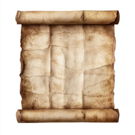 Aged parchment scroll with weathered edges and vintage texture, isolated on a white background. Concept of history or ancient writingの素材