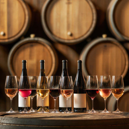 Assorted wine bottles and glasses displayed on a wooden barrel, with barrels in the background, showcasing wine varietyの素材
