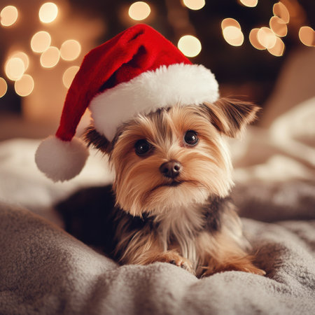 Cute Yorkshire Terrier puppy wearing a Santa hat, lying on a cozy blanket with glowing festive lights in the background. Christmas spiritの素材